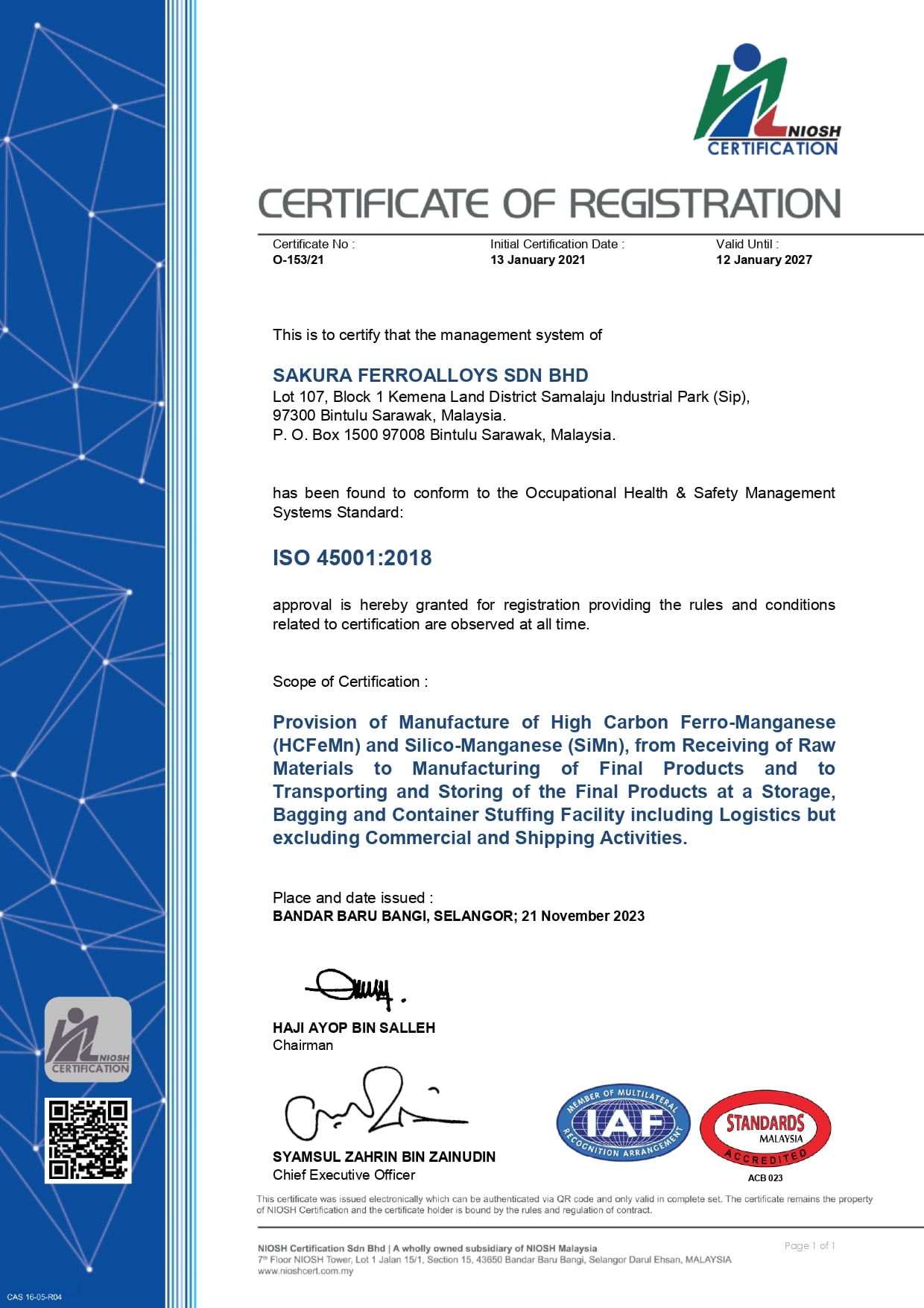 Certificate of Registration ISO 45001:2018